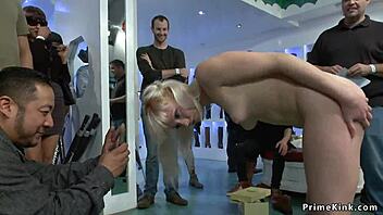 gagged blonde, you're getting fucked hard in this public shop with bondage and humiliation from the group