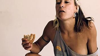 Eating and FUCKING in a reverse cowgirl with food fetish vibes.