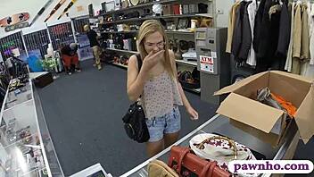 Amateur babe with glasses hints at wild desires while getting intimate with pawn keeper in hidden cam encounter