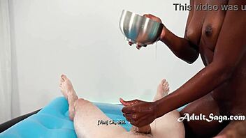 Nuru massage turns rough with ebony oiled cowgirl riding big cock in car