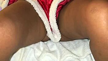 Sexy Latina wife spreads her hairy wet pussy for Christmas creampie, dripping cum from tight lips as she orgasms intensely. Juicy housewife bends over for passionate sex!