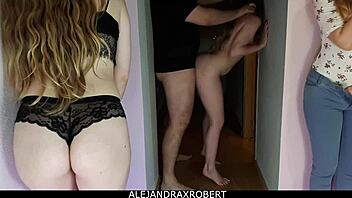 Blonde teen spies on couple with big ass twins in homemade hardcore, then petite amateur joins the action.