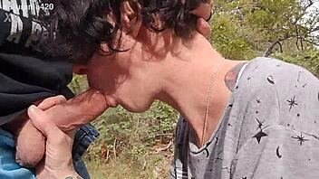 Imagine a slutty wife deepthroating cock outdoors until cum fills her mouth in the forest.