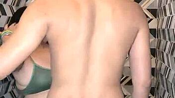 Muscular housewife with big ass and tits gives deepthroat blowjob in bathroom, then dances and fingers for cum in mouth with husband.