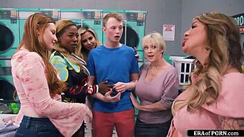 Guy Fucks Busty Milfs In A Laundry Room With Blowjob Deepthroat Banging Gangbang And Pussy Action