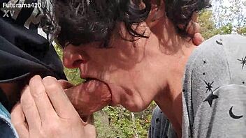 Imagine a slutty wife deepthroating cock outdoors until cum fills her mouth in the forest.