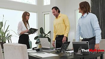 so this annoying milf boss gets even in a wild mmf threesome at the office