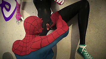 Spiderman and Gwen meet on the roof in an adventurous encounter