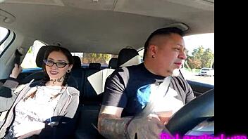 Tattooed brunette cutie gives hot blowjob during casting interview on way to hotel