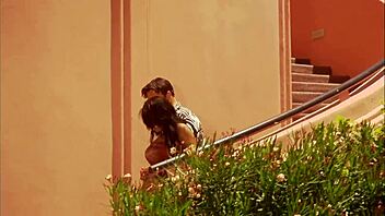 big titted babe contrasts with muscular bodybuilder fucking her wet pussy outdoors