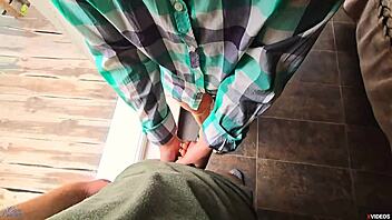 hey, she quickly helps him cum in her panties outdoors before anyone notices