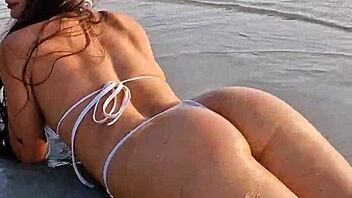 beach flashing in white sexy bikini