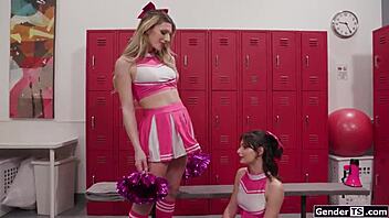 Attractive woman eagerly desires to pleasure tgirl cheerleader Jade Venus during intimate encounter in bareback style