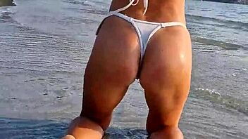 beach flashing in white sexy bikini