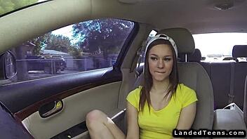 In a casual outdoor adventure, a petite teen hitchhiker enjoys a thrilling POV encounter with a stranger, exploring intense moments in public.