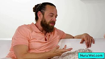 Blonde masseuse offers a wet nuru massage, rubbing her natural tits on the client's back in the session.