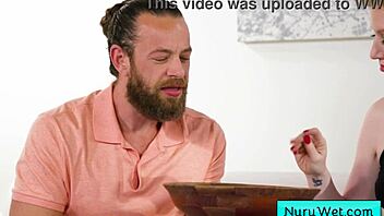 Blonde masseuse offers a wet nuru massage, rubbing her natural tits on the client's back in the session.