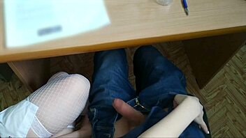 sexy nurse in fishnets gives patient a pov handjob at the hospital desk