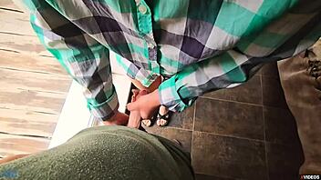 hey, she quickly helps him cum in her panties outdoors before anyone notices