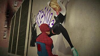 Spiderman and Gwen meet on the roof in an adventurous encounter