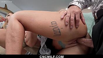 Blonde milf maid bends over for boss, taking rough cowgirl riding and blowjob in hardcore threesome domination