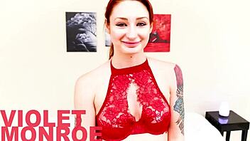 Sexy redhead Violet Monroe deepthroats huge cock for facefuck cum swallow 😈