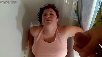 two angles capture liza receiving cumshot and golden shower in tub while wetting panties