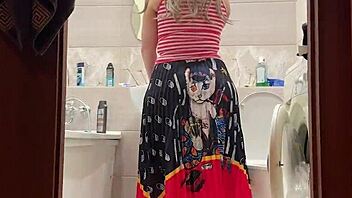 The curvy woman's wide hips spread apart in the bathroom. They dove into intense anal fucking right there.