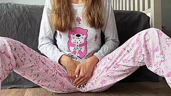 skinny asian teen in pajama masturbates small tits fingering shaved pussy closeup to squirting orgasm