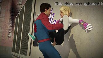 Spiderman and Gwen meet on the roof in an adventurous encounter