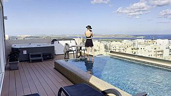 blonde slut daisy teases with outdoor poolside ass worship