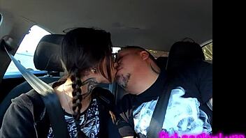 Tattooed brunette cutie gives hot blowjob during casting interview on way to hotel