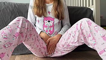 skinny asian teen in pajama masturbates small tits fingering shaved pussy closeup to squirting orgasm