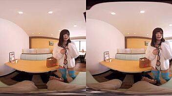 Japanese babe in cosplay exposes boobs for toy play and intense blowjob in VR reality scene