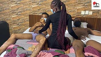 Real amateur threesome heats up with guest guy joining missionary and group action