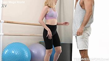 Blonde babe fucked during workout