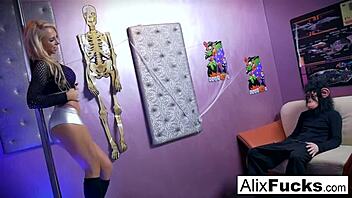 So this blonde pornstar Alix ends up getting fucked hard by some dude wearing a monkey mask, focusing on her tits and pussy action.