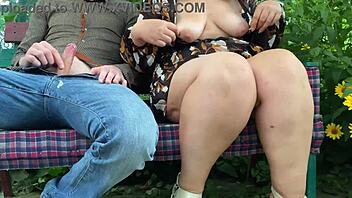 milf sweetly masturbates her horny pussy outdoors and i cum from her handjob in public