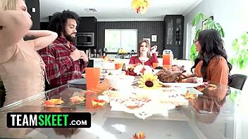 Ever wondered how a passionate thanksgiving gathering with three stunning girls evolves into sharing one throbbing cock in a wild foursome?