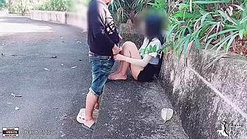 the adventurous student takes his girlfriend for an outdoor encounter in the park, capturing every passionate moment