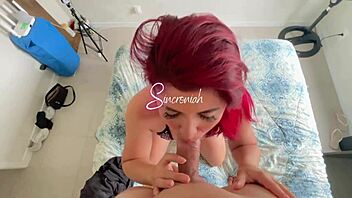 Blue-eyed redhead princess moans passionately while riding cowgirl and squirting in tight pussy creampie