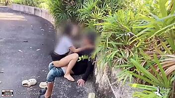 the adventurous student takes his girlfriend for an outdoor encounter in the park, capturing every passionate moment