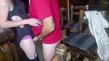 Just the tip in her pussy, standing sex with petite amateur