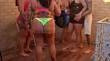 Tattooed Brazilian beauty in double penetration group at hotel with cum on face