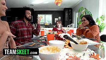 Ever wondered how a passionate thanksgiving gathering with three stunning girls evolves into sharing one throbbing cock in a wild foursome?