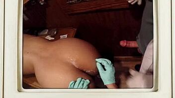 aria nicole's pussy shocked in latex gloves then blasted with close up cum