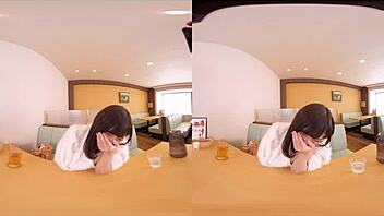 Japanese babe in cosplay exposes boobs for toy play and intense blowjob in VR reality scene