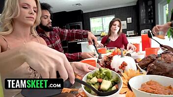 Ever wondered how a passionate thanksgiving gathering with three stunning girls evolves into sharing one throbbing cock in a wild foursome?