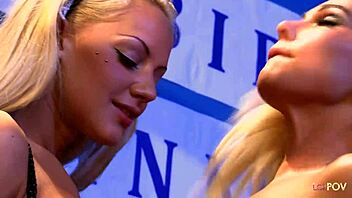 Blondes in stockings look fantastic lesbo fucking and cumming together