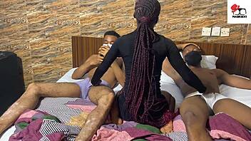 Real amateur threesome heats up with guest guy joining missionary and group action